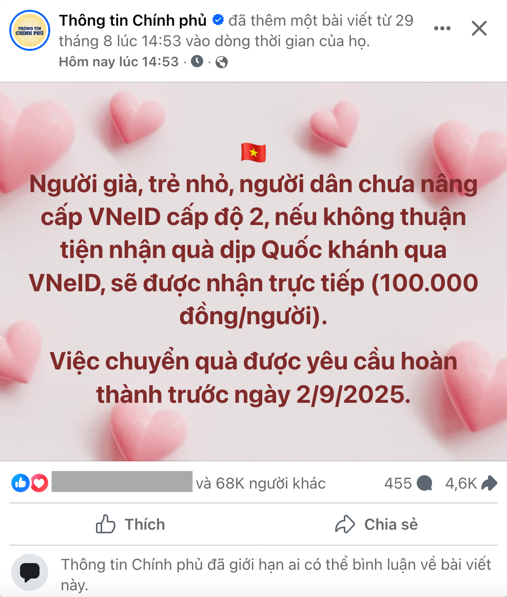 Người già, trẻ nhỏ, người chưa nâng cấp VNeID cấp 2 nhận 100.000 đồng quà Tết Độc lập bằng cách nào?- Ảnh 1. Người già, trẻ nhỏ, người chưa nâng cấp VNeID cấp 2 nhận 100.000 đồng quà Tết Độc lập bằng cách nào?- Ảnh 1.