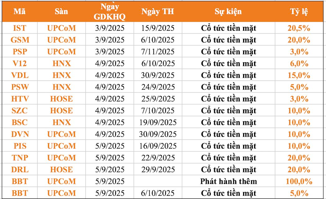 Lịch chốt quyền cổ tức 3/9-5/9: 14 doanh nghiệp ồ ạt "lăn chốt", cổ tức tiền mặt cao nhất hơn 20%- Ảnh 1. Lịch chốt quyền cổ tức 3/9-5/9: 14 doanh nghiệp ồ ạt "lăn chốt", cổ tức tiền mặt cao nhất hơn 20%- Ảnh 1.
