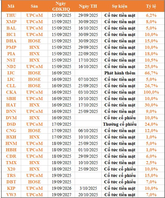 Lịch chốt quyền cổ tức 15/9-19/9: Cổ tức tiền mặt cao nhất 100%- Ảnh 1. Lịch chốt quyền cổ tức 15/9-19/9: Cổ tức tiền mặt cao nhất 100%- Ảnh 1.