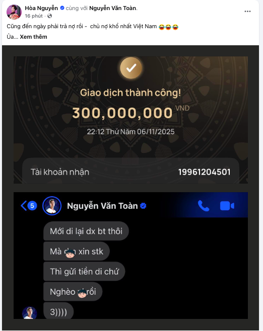 Hòa Minzy công khai tin nhắn của Văn Toàn, chuyển trả luôn 300 triệu- Ảnh 1.
