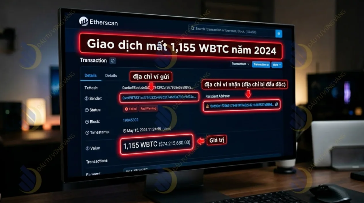 Ảnh chụp màn hình trình khám phá khối Etherscan của giao dịch mất 68 triệu WBTC năm 2024