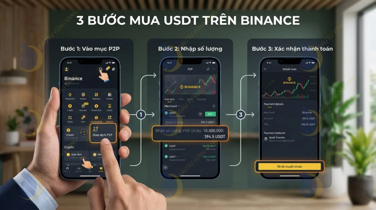 Ảnh chụp luồng thao tác 3 bước mua USDT trên ứng dụng điện thoại Binance