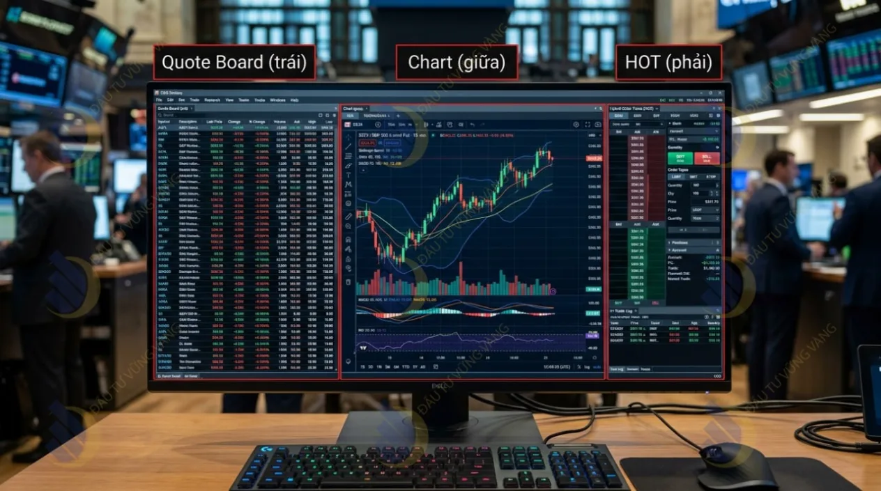 Ảnh chụp màn hình Workspace 3 phần của CQG Desktop