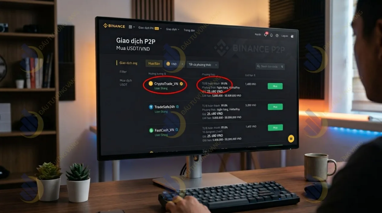 Ảnh chụp màn hình giao diện P2P trên Binance