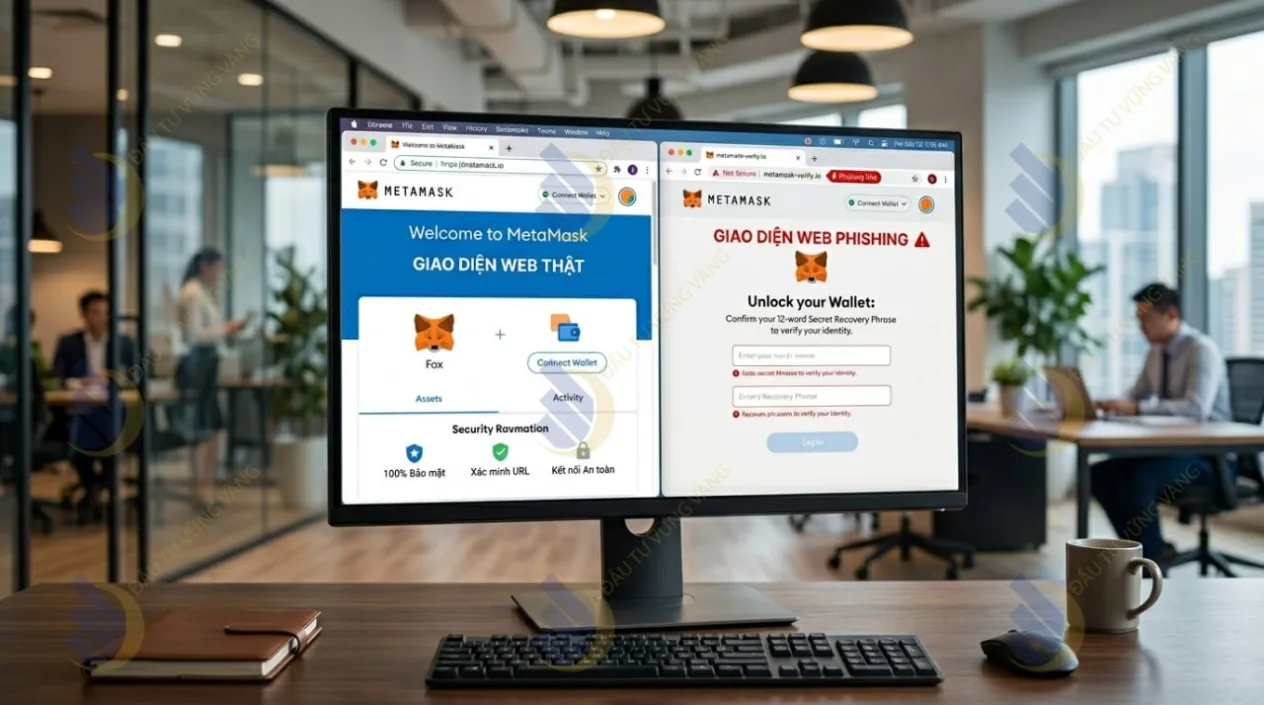 Ảnh chụp màn hình so sánh giao diện web Phishing nhái MetaMask và giao diện web thật