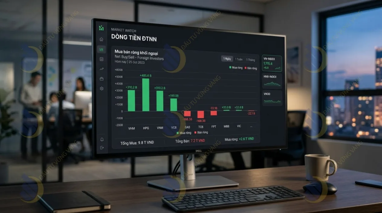 Ảnh chụp màn hình tính năng Market Watch theo dõi dòng tiền ĐTNN trên SSI iBoard