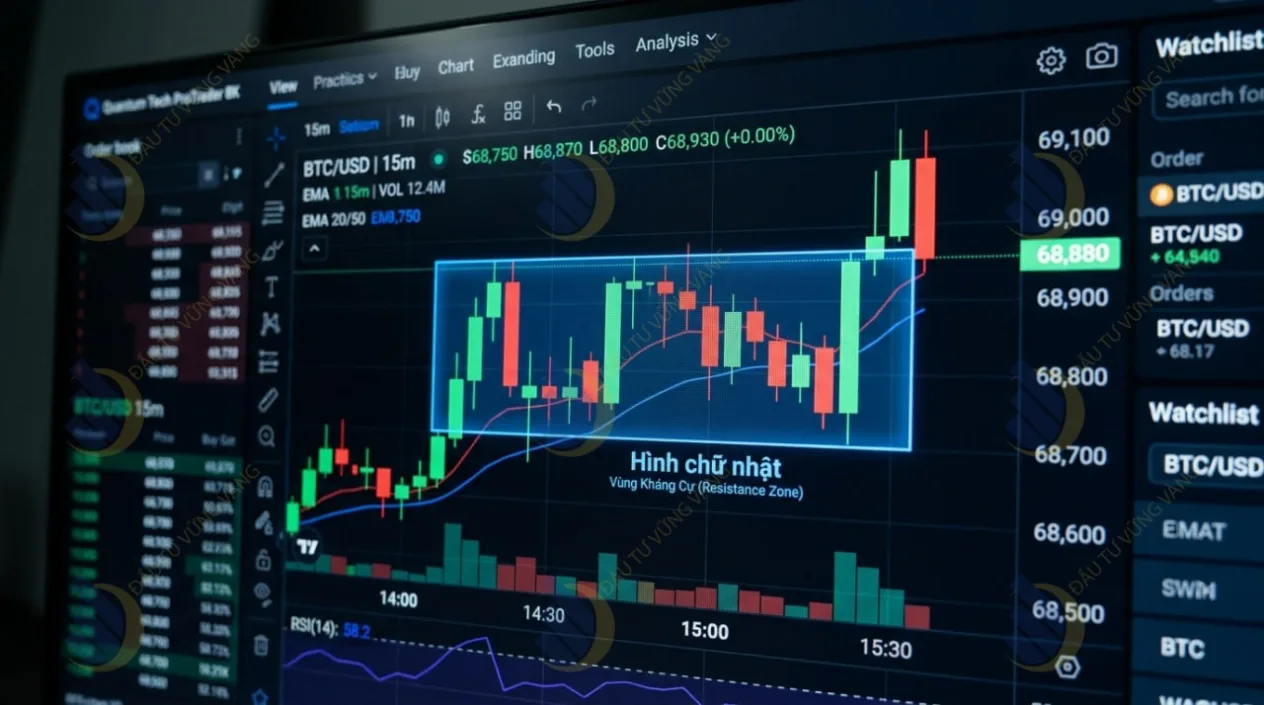 Ảnh chụp màn hình từ FireAnt dùng công cụ "Hình chữ nhật" để vẽ bao trọn các vùng đỉnh cũ và đáy cũ có nhiều râu nến chạm vào