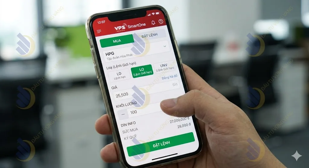 Ảnh chụp thực tế màn hình giao diện đặt lệnh LO (Limit Order) trên một ứng dụng chứng khoán phổ biến