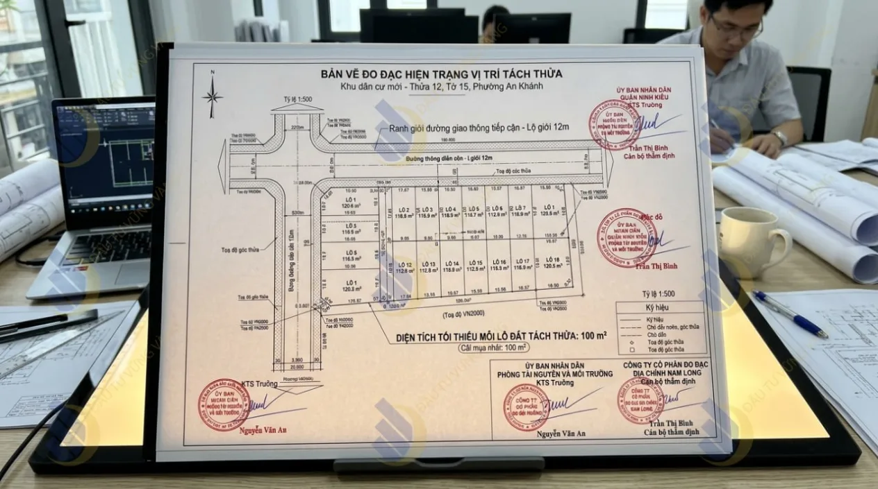 Bản vẽ đo đạc hiện trạng vị trí tách thửa tiêu chuẩn, thể hiện rõ ranh giới đường giao thông tiếp cận và diện tích từng lô đất tối thiểu