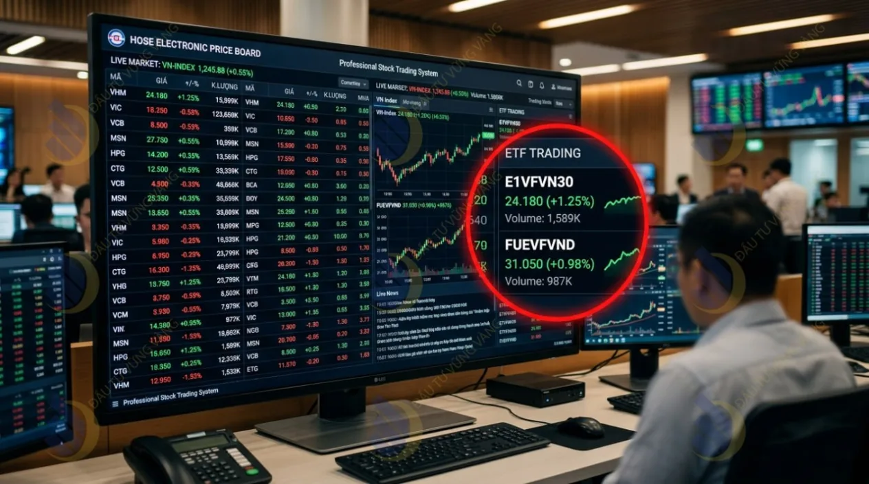 Bảng giá chứng khoán HOSE hiển thị giao dịch thực tế của các mã chứng chỉ quỹ ETF