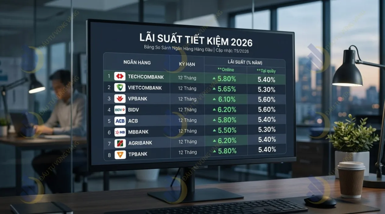 Bảng so sánh lãi suất gửi tiết kiệm online và tại quầy của một số ngân hàng top đầu năm 2026