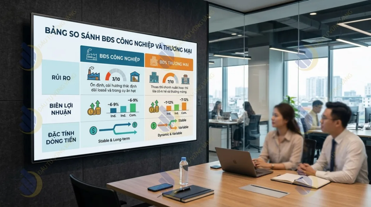 Bảng so sánh rủi ro, biên lợi nhuận và đặc tính dòng tiền giữa BĐS Công nghiệp và Thương mại