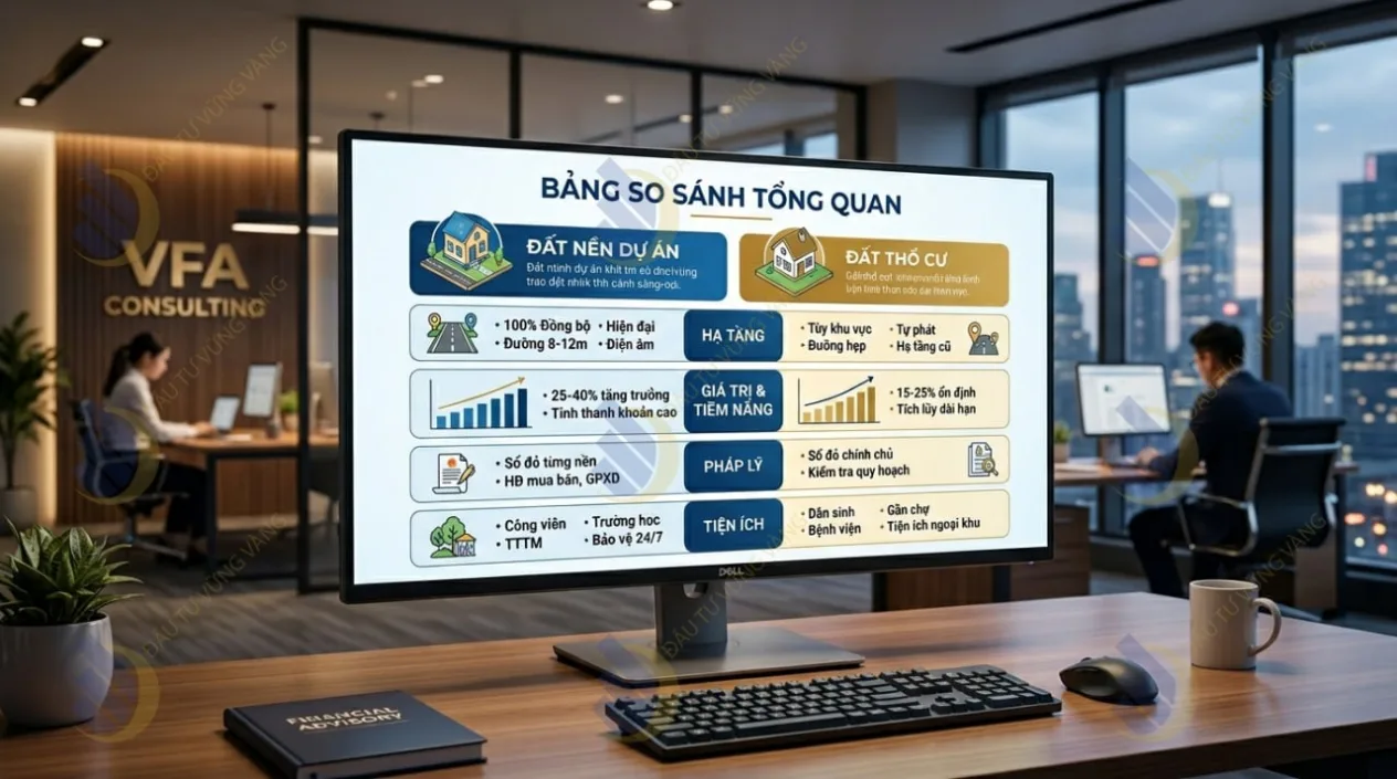 Bảng so sánh tổng quan giữa Đất nền dự án (đồng bộ hạ tầng) và Đất thổ cư