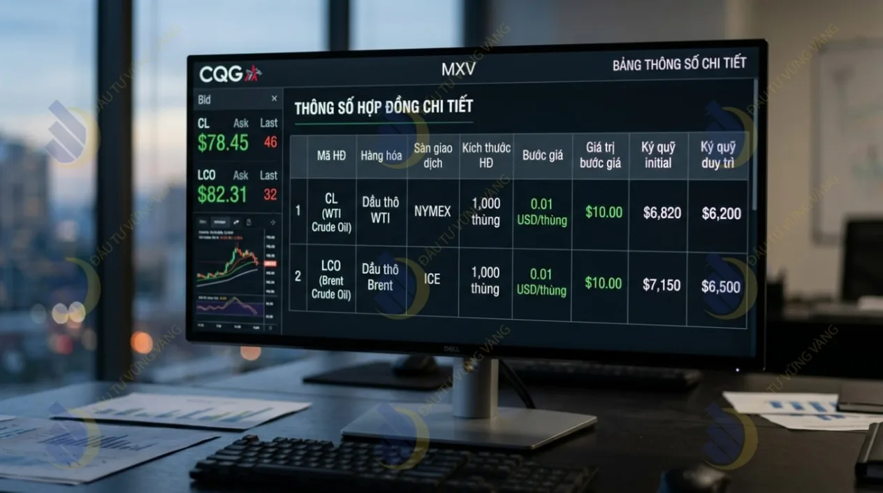 Bảng thông số chi tiết hợp đồng tương lai Dầu thô WTI và Brent chụp từ giao diện phần mềm giao dịch CQG