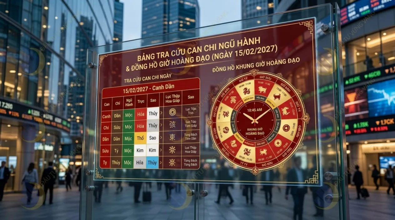 Bảng tra cứu can chi ngũ hành kết hợp đồng hồ các khung giờ Hoàng đạo trong ngày 15/02/2027