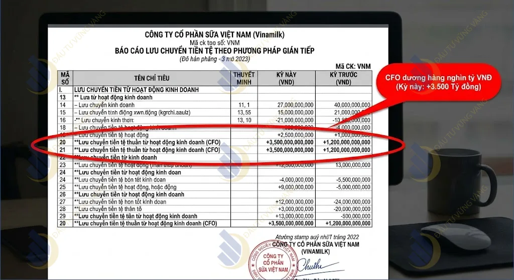 Báo cáo lưu chuyển tiền tệ của mã VNM có đánh dấu CFO dương hàng nghìn tỷ