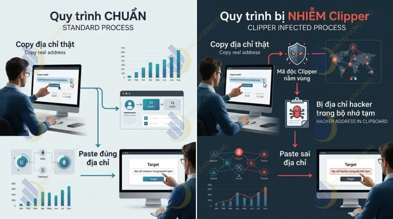 Bên trái là quy trình CHUẨN (Copy -> Paste đúng địa chỉ). Bên phải là quy trình bị NHIỄM Clipper (Người dùng Copy địa chỉ thật -> Mã độc Clipper nằm vùng thay thế bằng địa chỉ hacker trong bộ nhớ tạm -> Người dùng dán sai địa chỉ)