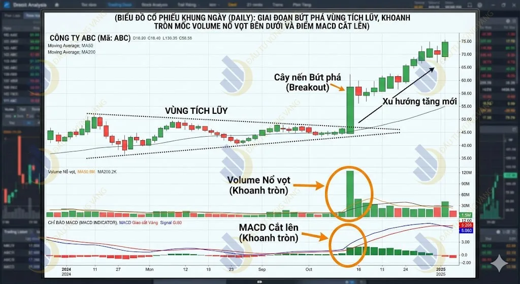 Biểu đồ cổ phiếu khung ngày (Daily) giai đoạn bứt phá vùng tích lũy