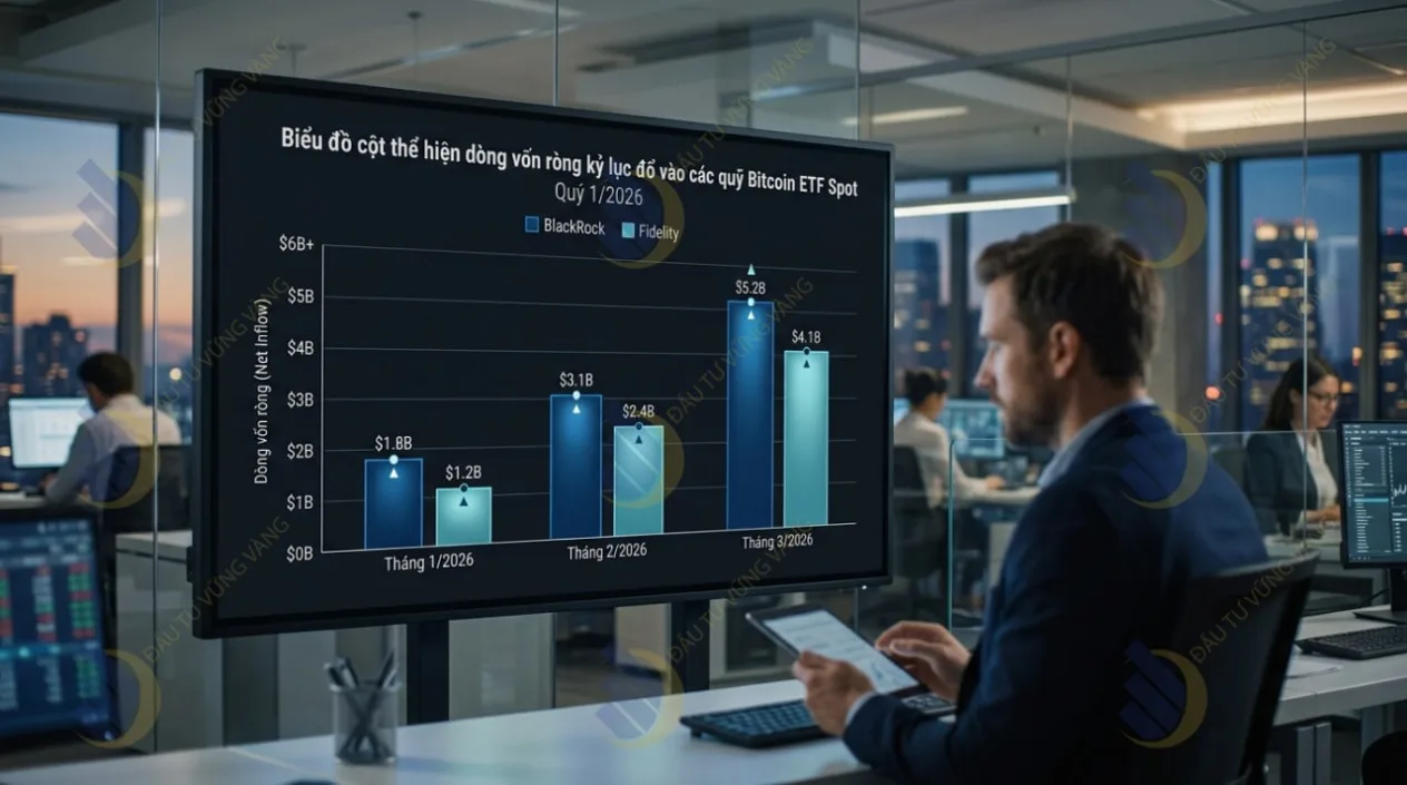 Biểu đồ cột thể hiện dòng vốn ròng (Net Inflow) kỷ lục đổ vào các quỹ Bitcoin ETF Spot của BlackRock và Fidelity trong Quý 1/2026