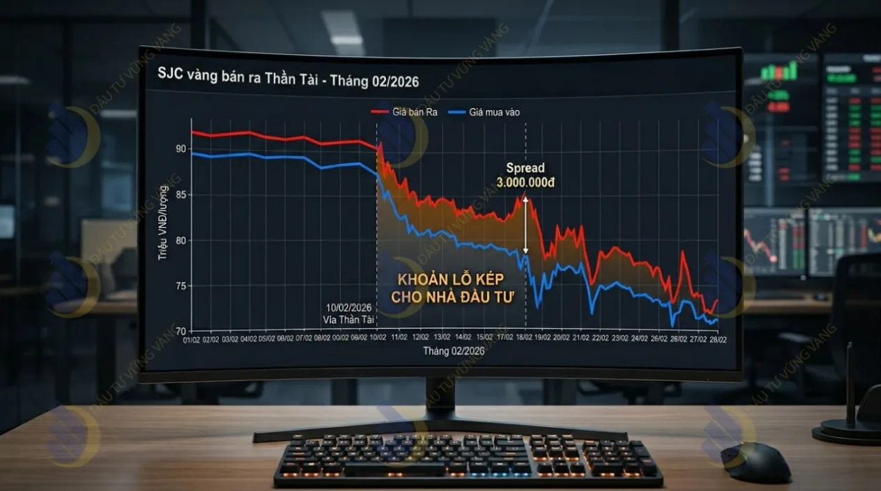 Biểu đồ đường (Line chart) trực quan hóa sự sụt giảm của giá vàng SJC và biên độ chênh lệch Mua - Bán (Spread) bị kéo giãn lên mức 3 triệu đồng/lượng trong chu kỳ ngày Thần Tài tháng 2/2026