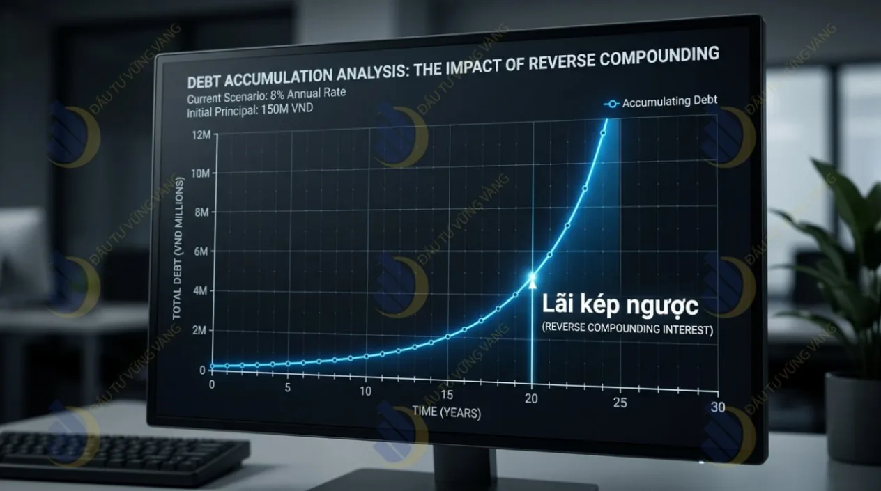Biểu đồ đường minh họa sự tăng trưởng theo cấp số nhân của dư nợ khi bị áp dụng lãi kép ngược