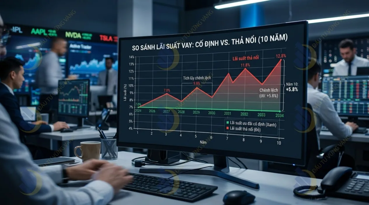 Biểu đồ đường thẳng so sánh sự chênh lệch giữa Lãi suất ưu đãi cố định (năm đầu) và đường đi lên của Lãi suất thả nổi trong 10 năm