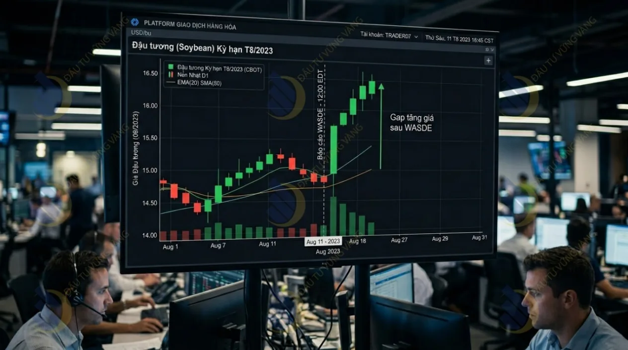 Biểu đồ giá Đậu tương tháng 8/2023 cho thấy cú nhảy Gap tăng giá sau báo cáo WASDE
