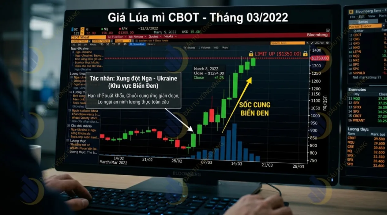 Biểu đồ giá Lúa mì CBOT tăng kịch trần (Limit Up) tháng 03/2022 do xung đột Biển Đen