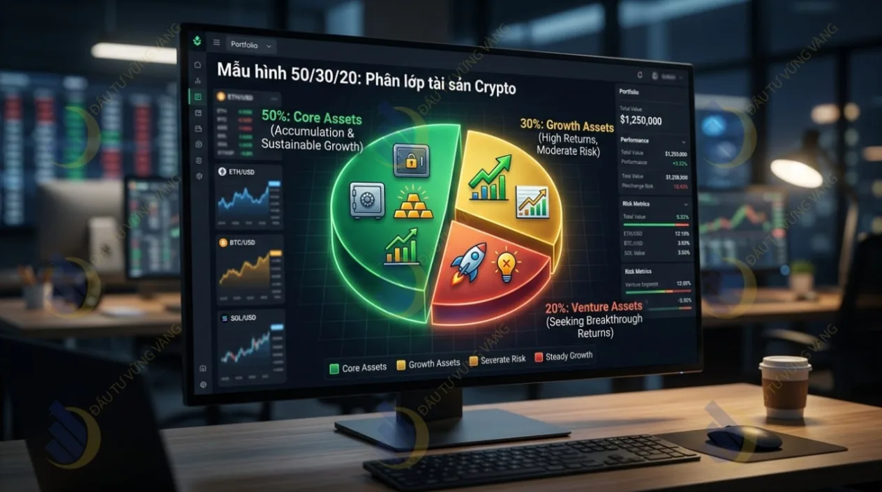 Biểu đồ hình tròn (Pie Chart) phân lớp 3 màu minh họa cho Mô hình 50/30/20