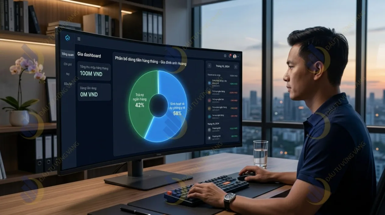 Biểu đồ hình tròn (Pie Chart) thể hiện sự phân bổ dòng tiền hàng tháng của gia đình anh Hoàng: 42% dành cho trả nợ ngân hàng, 58% dành cho sinh hoạt và dự phòng y tế