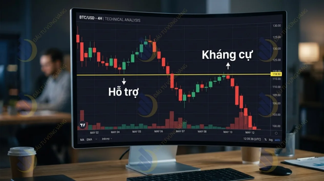 Biểu đồ minh họa đường giá đâm thủng một đường nằm ngang (Hỗ trợ), sau đó vòng lên chạm lại đúng đường đó và rơi xuống tiếp (lúc này đường đó thành Kháng cự)