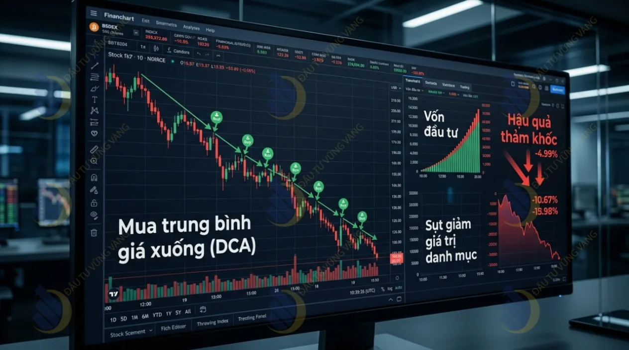 Biểu đồ minh họa hậu quả thảm khốc của việc mua trung bình giá xuống (DCA) liên tục trong một xu hướng Downtrend