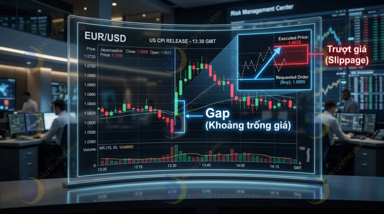 Biểu đồ minh họa hiện tượng trượt giá (Slippage) và Gaps khi tin tức ra