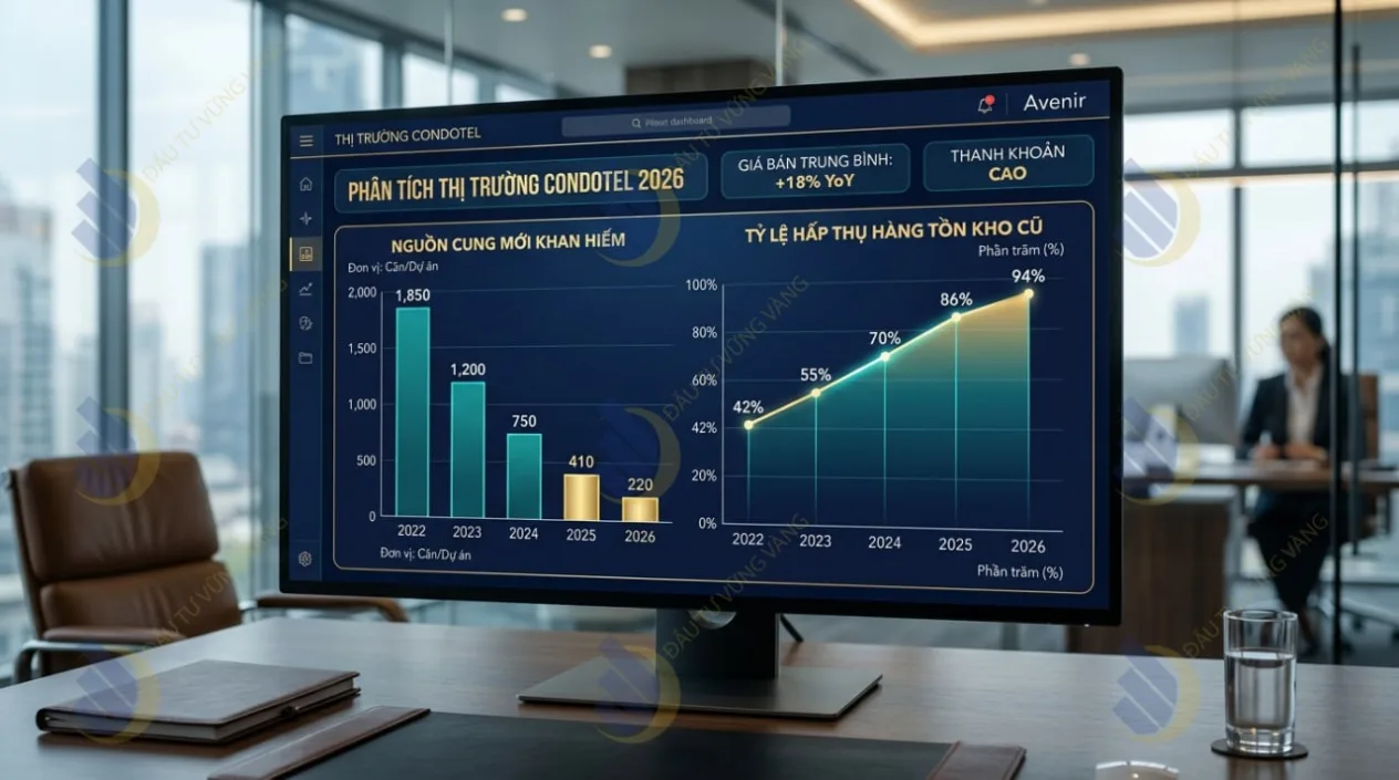 Biểu đồ minh họa sự khan hiếm nguồn cung mới và xu hướng dọn sạch giỏ hàng cũ của phân khúc Condotel