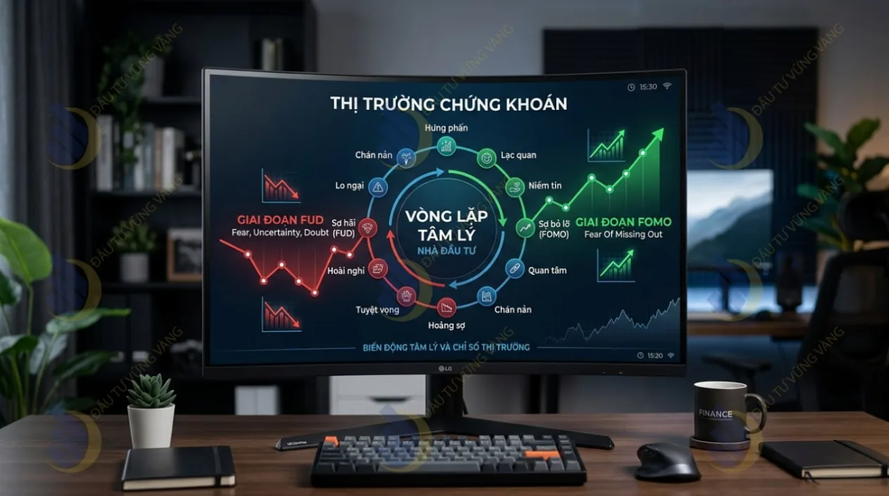 Biểu đồ minh họa vòng lặp tâm lý FOMO và FUD của nhà đầu tư trên thị trường chứng khoán
