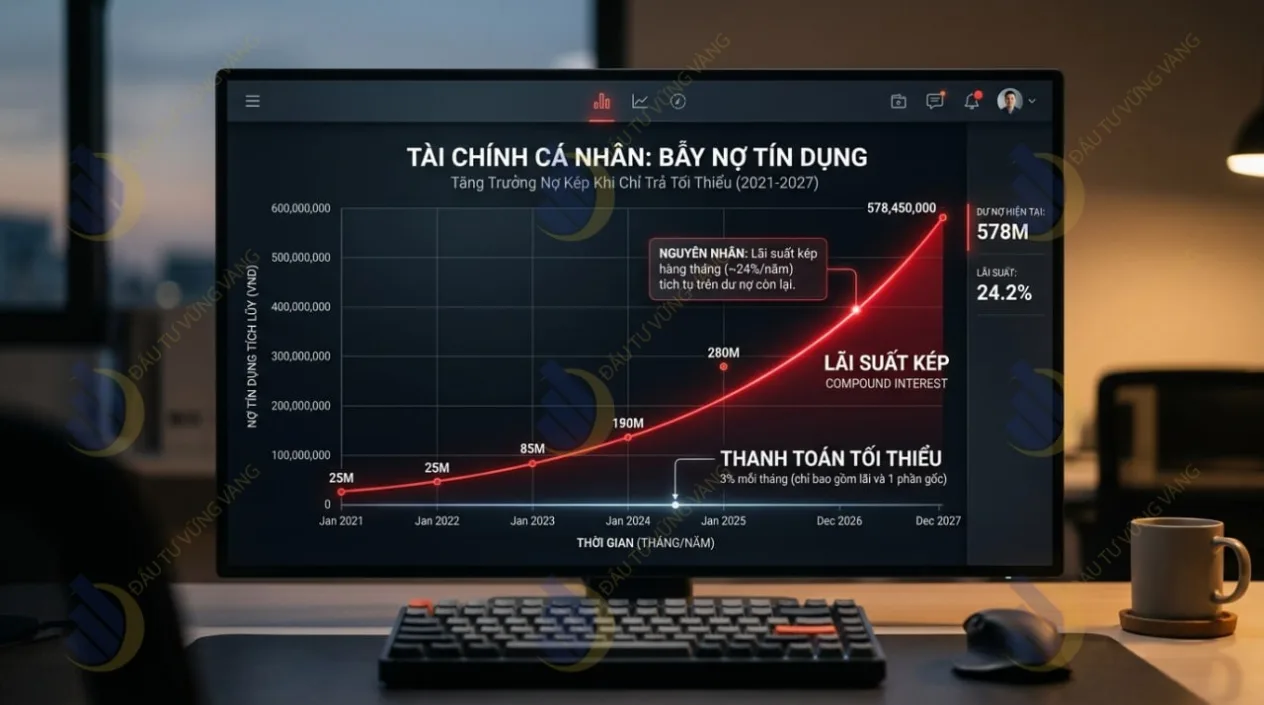 Biểu đồ mô phỏng Lãi suất kép khi chỉ thanh toán mức tối thiểu của thẻ tín dụng