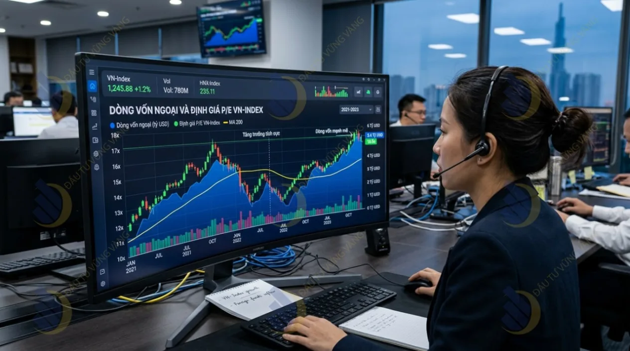 Biểu đồ mô phỏng dòng vốn ngoại đổ vào thị trường và sự thay đổi kỳ vọng của định giá P/E VN-Index