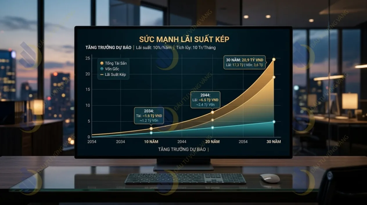 Biểu đồ mô phỏng sức mạnh của lãi kép sau 10, 20 và 30 năm với số vốn 10 triệu/tháng