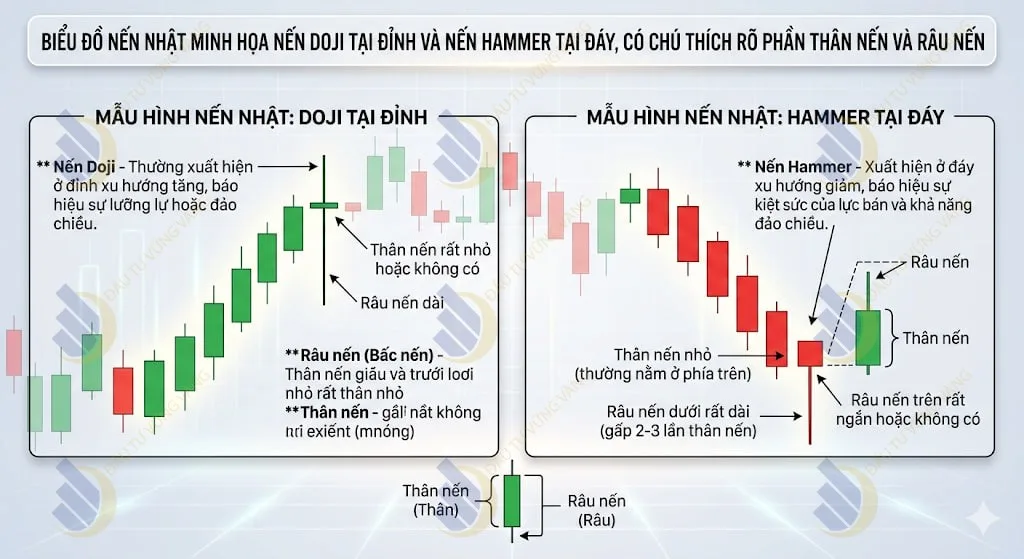 Biểu đồ nến Nhật minh họa nến Doji tại đỉnh và nến Hammer tại đáy
