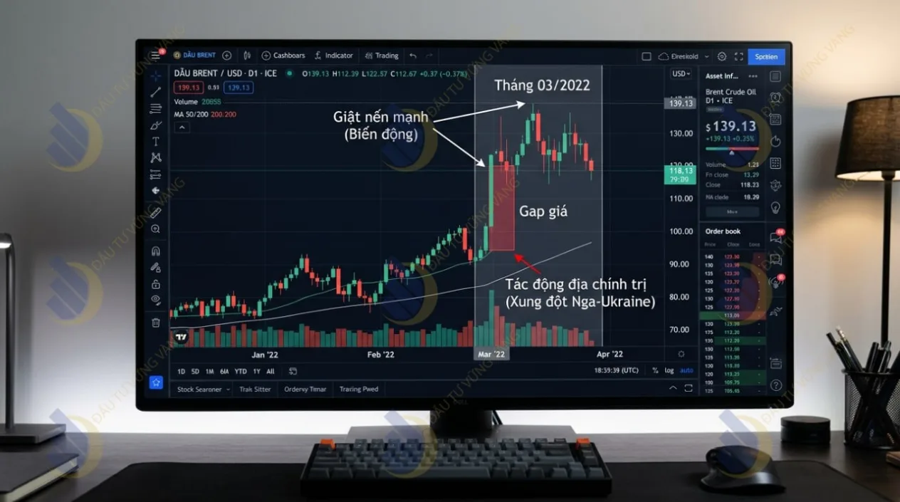 Biểu đồ nến TradingView minh họa pha "giật nến" tạo Gap của giá dầu Brent vào tháng 3/2022 do tác động địa chính trị