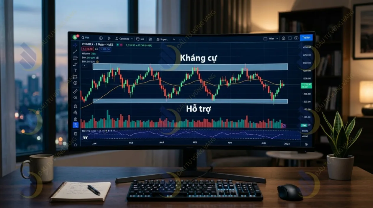 Biểu đồ nến cơ bản minh họa một cổ phiếu dao động giữa hai vùng hộp chữ nhật trên và dưới