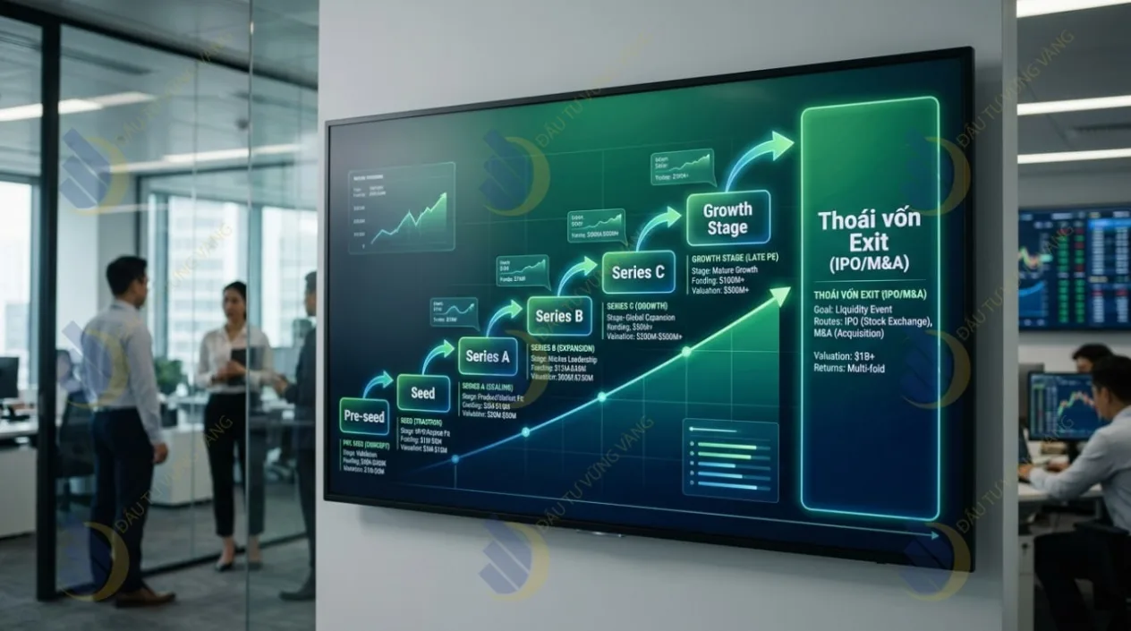 Biểu đồ phân cấp chu kỳ gọi vốn khởi nghiệp từ giai đoạn Pre-seed đến lộ trình thoái vốn Exit (IPO/M&A)
