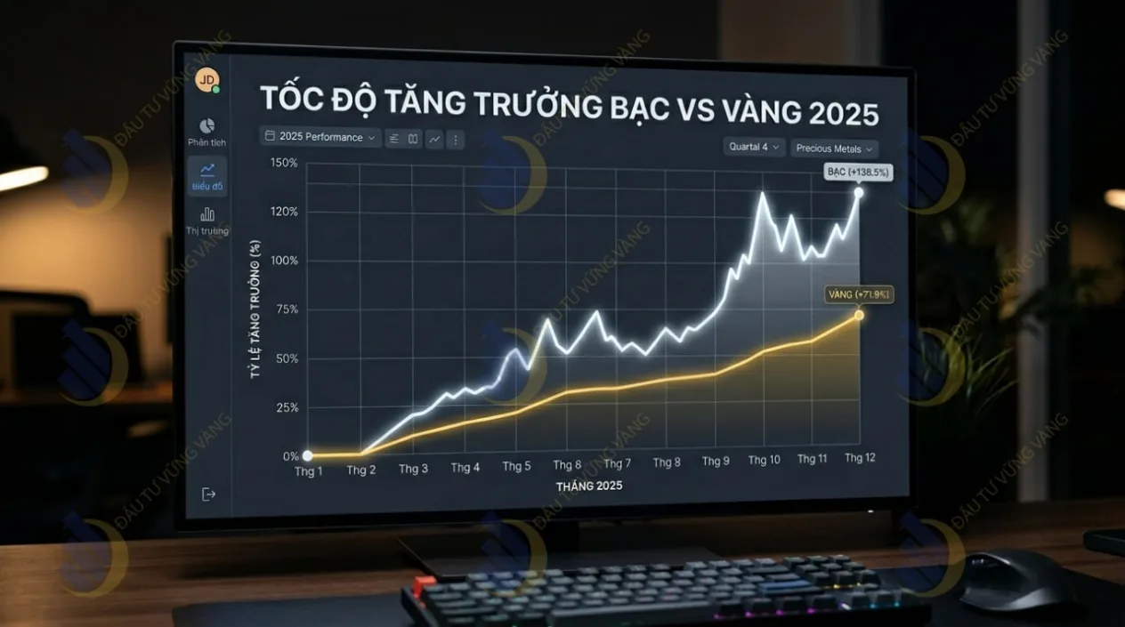Biểu đồ so sánh đà tăng giá của Bạc và Vàng năm 2025