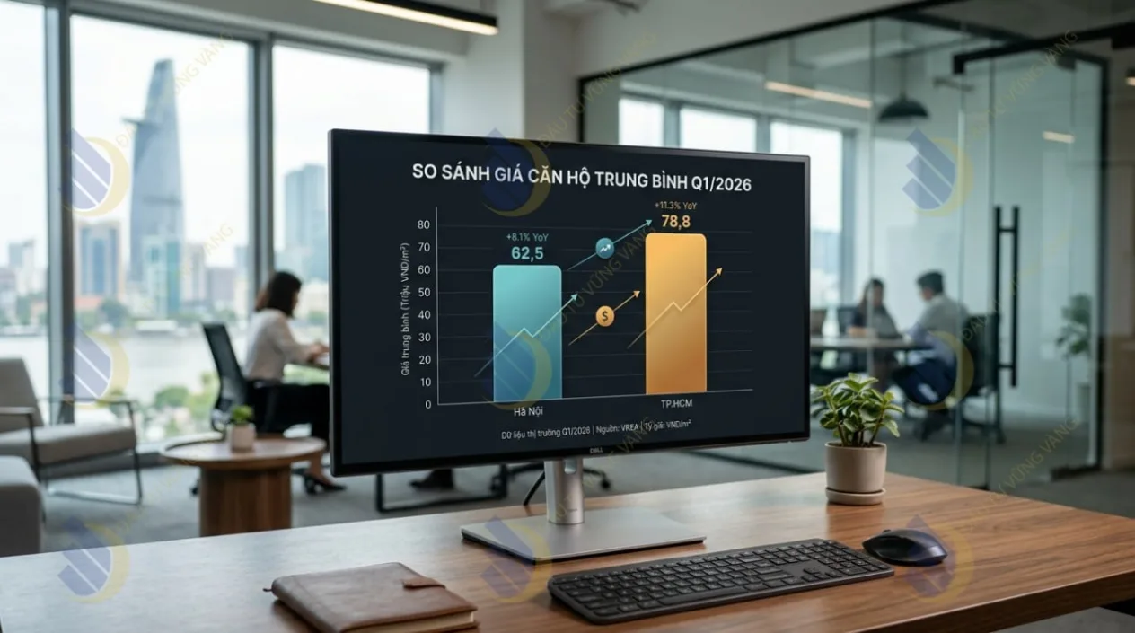 Biểu đồ so sánh giá bán trung bình căn hộ chung cư giữa Hà Nội và TP.HCM trong quý I/2026