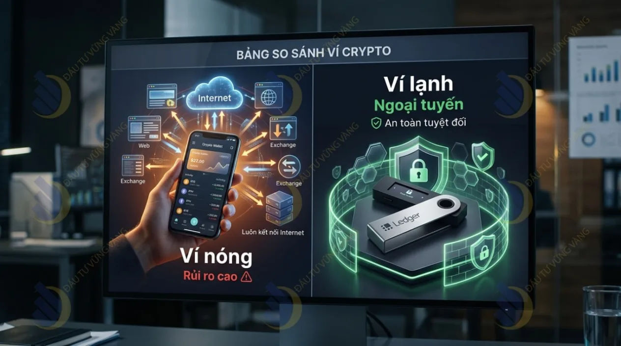 Biểu đồ so sánh trực quan cơ chế hoạt động giữa Ví nóng (luôn kết nối Internet, rủi ro cao) và Ví lạnh (Ngoại tuyến, an toàn tuyệt đối)