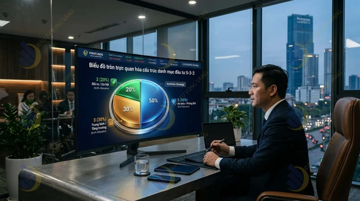 Biểu đồ tròn (Pie chart) trực quan hóa cấu trúc danh mục đầu tư 5-3-2 chuẩn mực