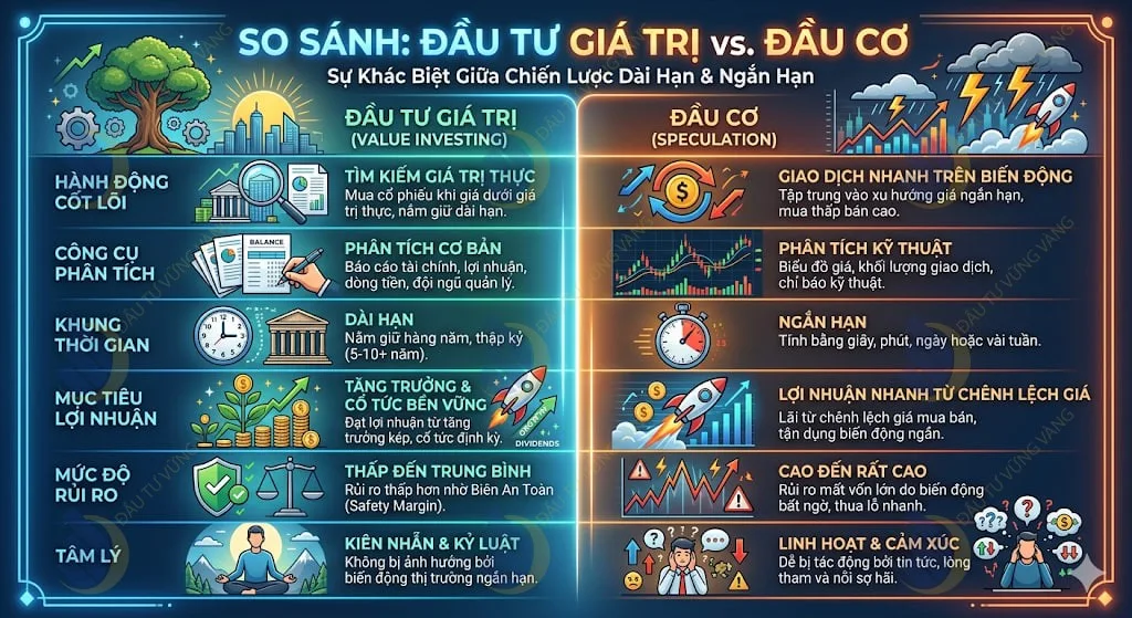 Biểu đồ trực quan so sánh sự khác biệt giữa Đầu tư giá trị (tập trung vào nền tảng doanh nghiệp dài hạn) và Đầu cơ (tập trung vào biểu đồ giá và khối lượng ngắn hạn)