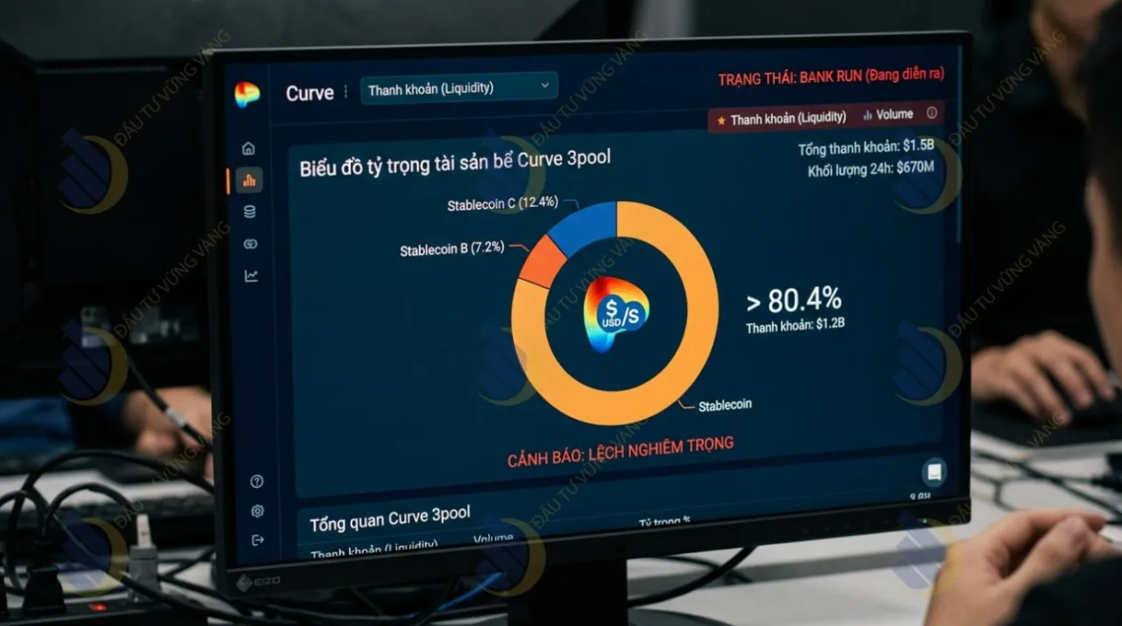 Biểu đồ tỷ trọng tài sản trong bể Curve 3pool bị lệch nghiêm trọng trong một đợt Bank run, với một đồng Stablecoin chiếm tới hơn 80% bể