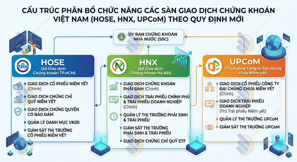 Cấu trúc phân bổ chức năng các sàn giao dịch HOSE, HNX và UPCoM theo quy định mới