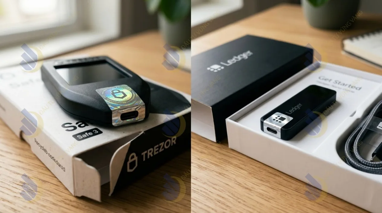 Chụp cận cảnh tem chống giả (hologram) trên cổng USB của Trezor